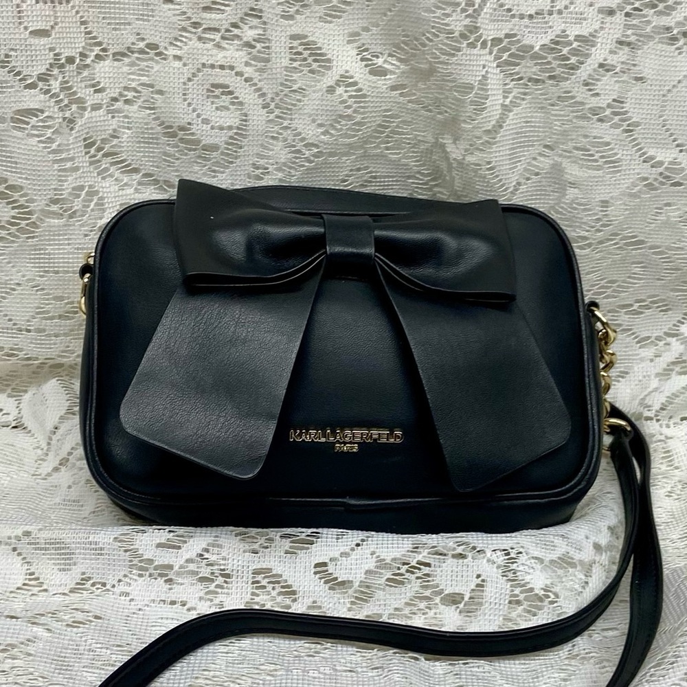 Karl Lagerfeld Black Bow Crossbody Bag 8in x 5in x 1.5in